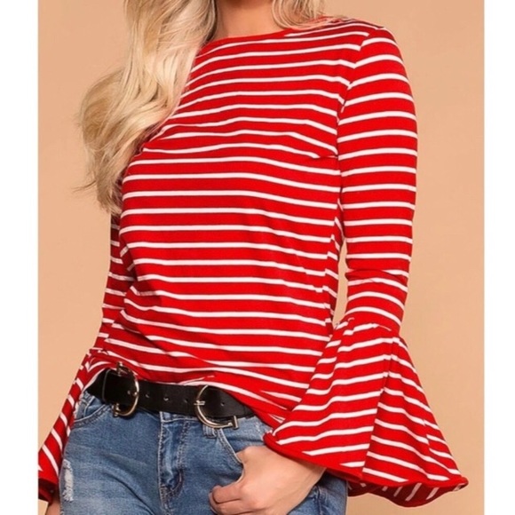 Red & white striped bell-sleeve top - Picture 3 of 8